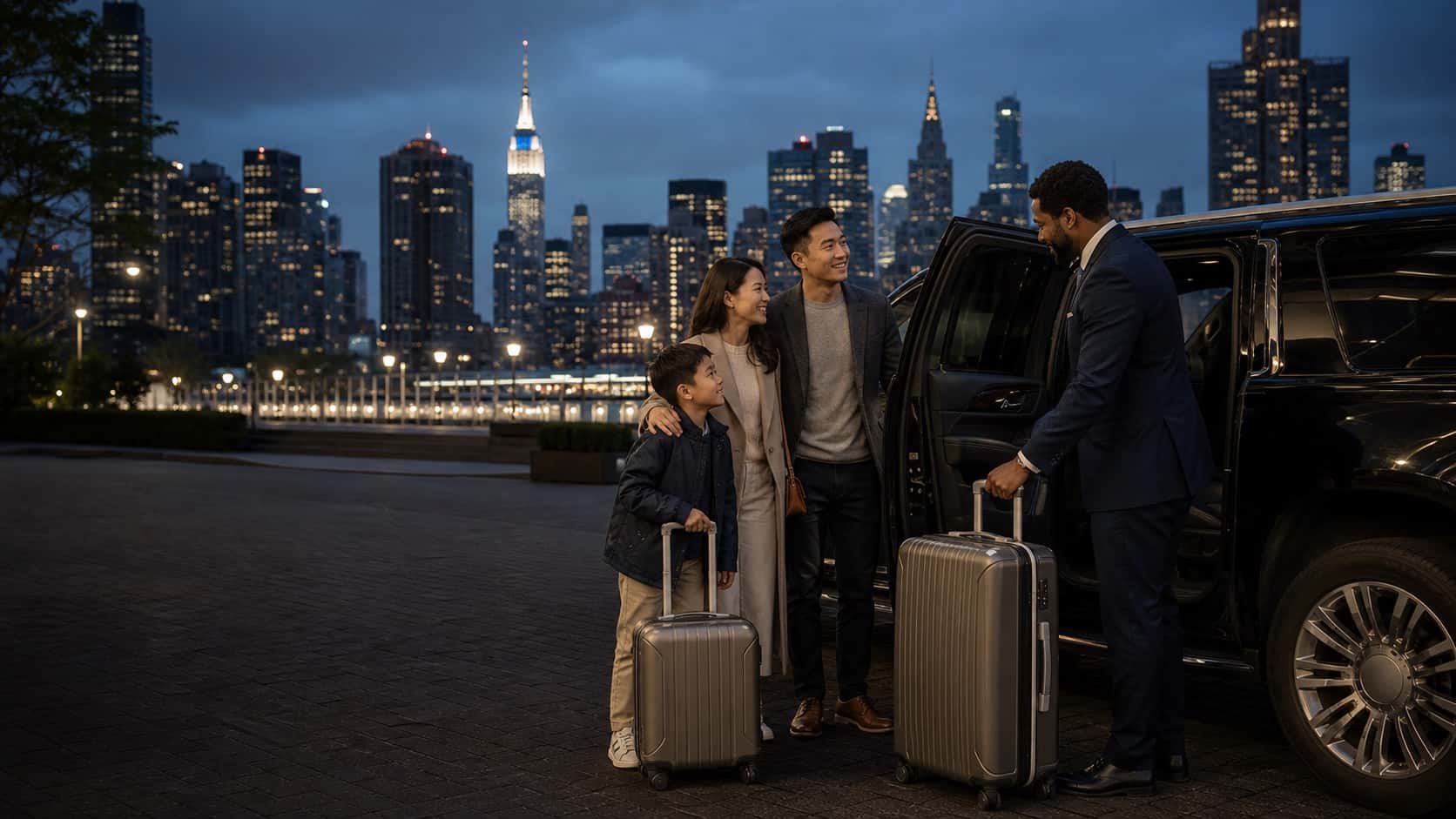 Professional private driver helping travelers with luggage in New York